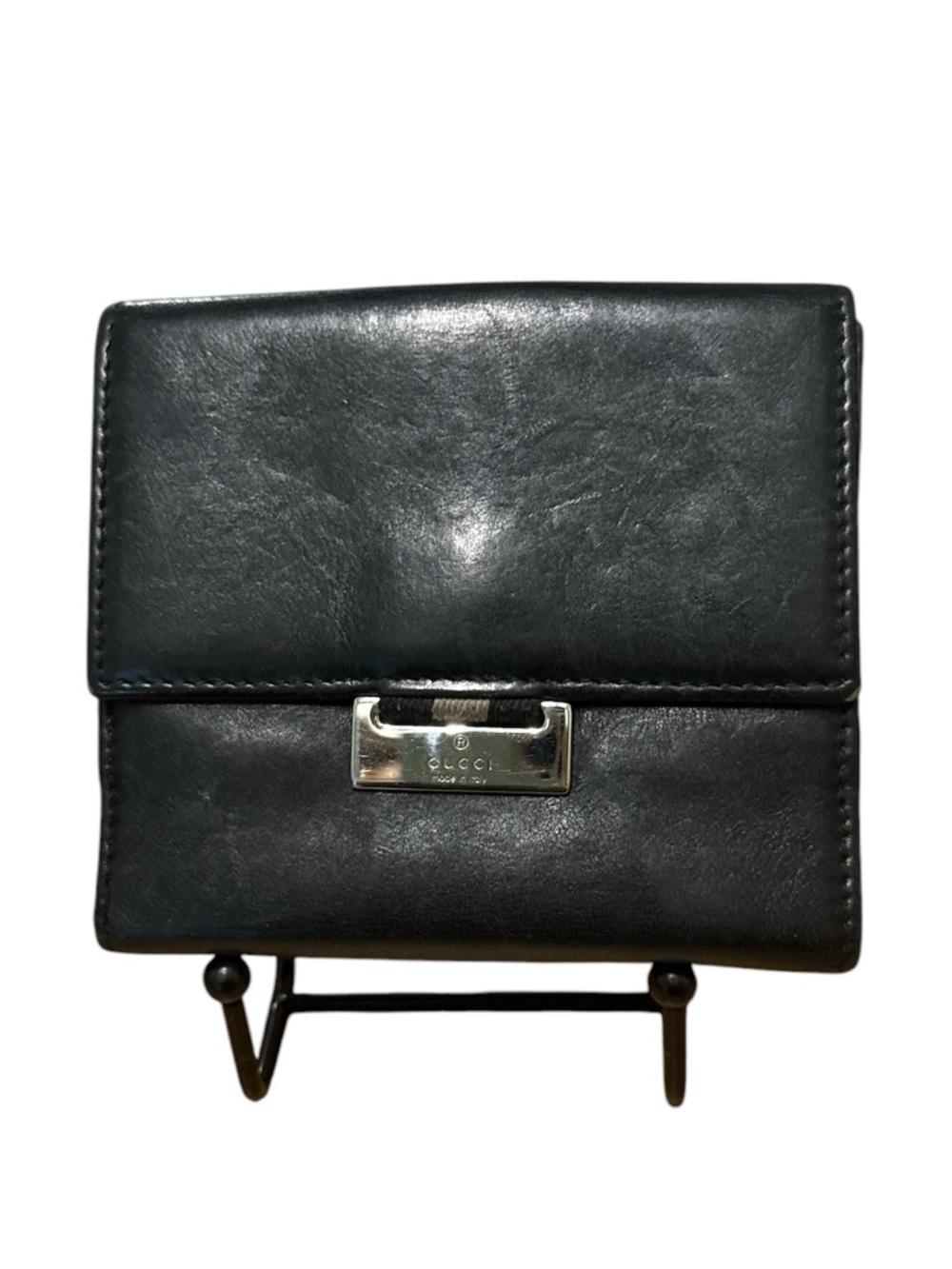 Gucci Black Leather Compact Wallet with Silver Logo Plate
